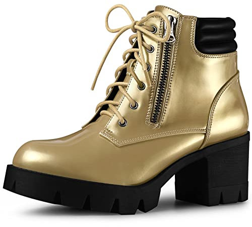 Perphy Stivali da combattimento da donna con tacco spesso con lacci, Oro, 40.5 EU