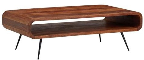 WOHNLING Table Basse de Salon Sheesham Bois Massif et Métal 90x55x30 cm Rectangulaire | Table de Canapé avec Rangement Marron | Design Table d'appoint Style Moderne