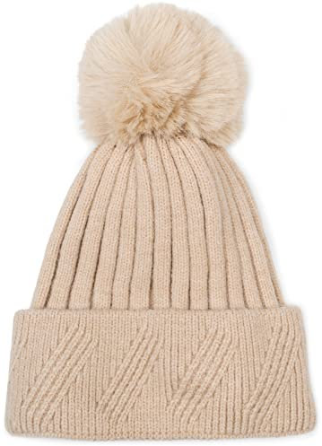 styleBREAKER Damen Strick Bommelmütze Einfarbig mit Rippen Muster und Fleece Futter, Winter Mütze, Strickmütze 04024198, Farbe:Beige
