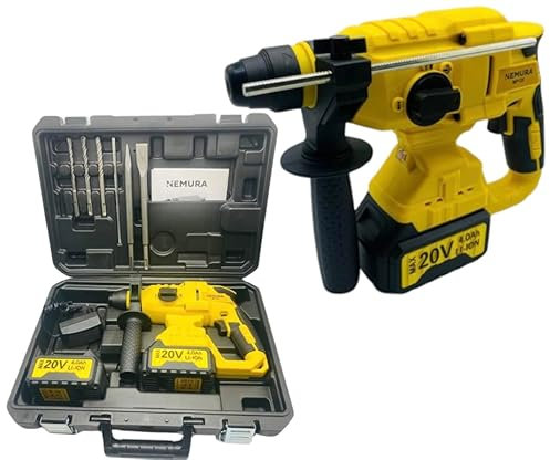 Nemura Marteau Perforateur Électrique Sans Fil 20V - 3en1 Perçage, Perçage au Marteau et Ciselage - avec Accessoires : 1 Malette + 2 Batteries 4Ah Li-Ion + 1 Chargeur - Marque Française