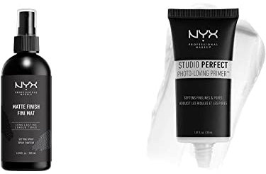 NYX Professional Makeup Spray Fixateur de Maquillage, Tenue Longue Durée, Spray de Finition, Formule Vegan, Fini Mat, Format Maxi 180 mL & Base de teint Studio Perfect, Teinte : Clear
