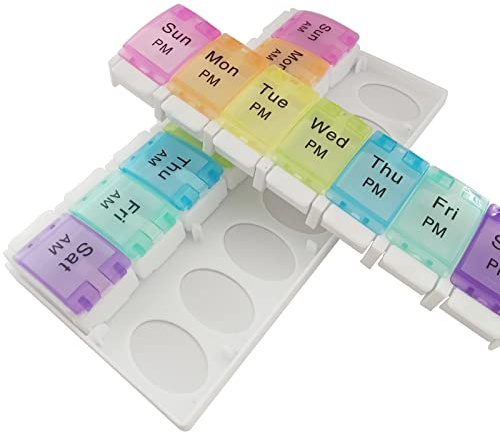 DSYSC Pill Boxes 7 Day 2 Times a Day with Opening Push Button, 7 Day Pill Box Organiser, Weekly Tablet Organiser Boxes 7 Day AM and PM, Medication Organizer Case for Vitamins (Rainbow)