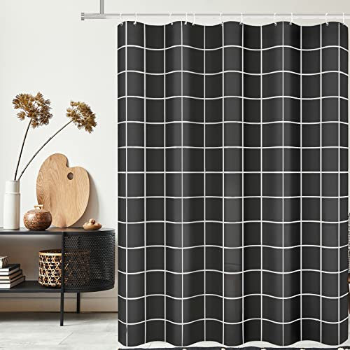 Tititex Netz-Duschvorhang, schwarz, kariert, minimalistisch, weiße Linie, einfache moderne Duschvorhang-Sets, Dekoration, 180 x 180 cm, mit Haken
