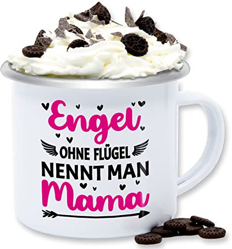 Emaille Tasse Blechtasse - Tassen - Engel ohne Flügel nennt man Mama - 300 ml - Weiß Silber - mum mütter muttertag muttertagsgeschenke mami muddi mom mutter mutti muttertagsgeschenk mommy mamas