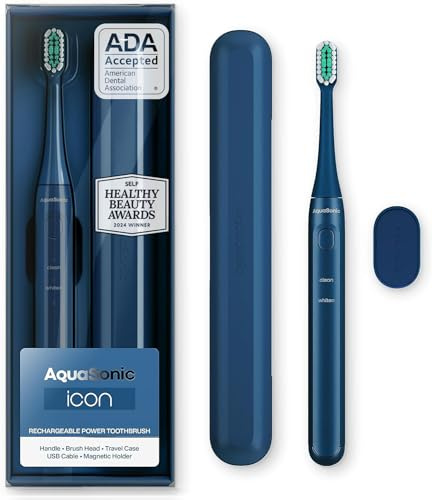 Aquasonic Icon ADA-Accepted Brosse à dents rechargeable | Support magnétique et étui de voyage fin | 2 modes de brossage et minuteurs intelligents | Micro-vibrations douces (bleu marine)