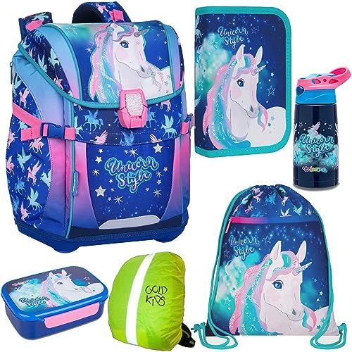 Schulranzen Schulranzen-set Einhorn Unicorn Ranzen Kinderrucksack Federmappe Schuhbeutel Trinkflasche Brotdose Regenschutz Motivdruck Unicorn Einhorn Style 6-teilig