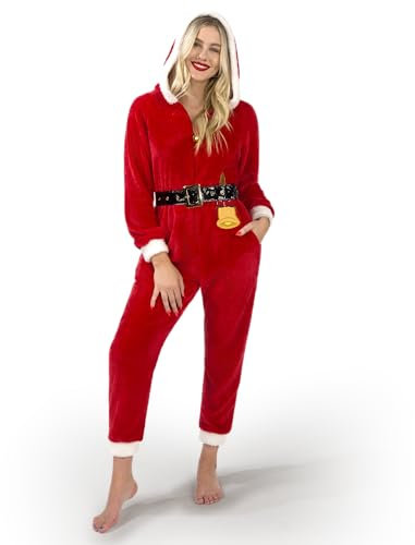 Giggling Getup Set Pigiama Aderente con Cappuccio da Babbo Natale da Donna, Pigiama Intero Rosso per Adulti, Pigiama in Pile con Zip Frontale, Taglia L
