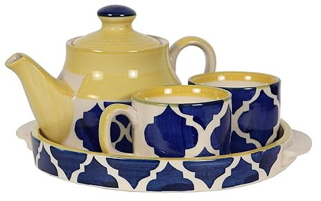 Microwave Safe Hand Made Painted Ceramic Tea Set with Kettle (Tea Pot) and 2 Cup Capacity of 150 ml, Blue & Yellow