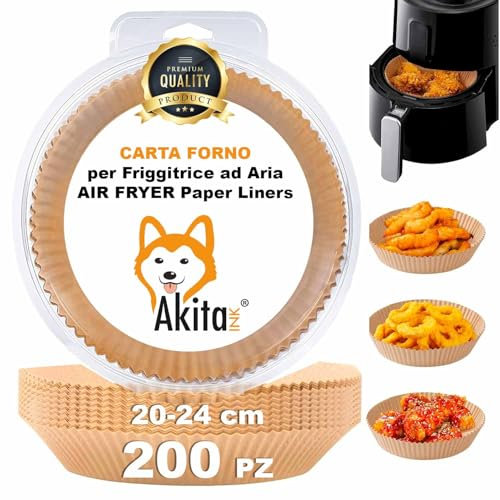 Akitaink Carta Forno per Friggitrice ad Aria - 200 Pezzi, Carta rotonda 20-24 cm Antiaderente Monouso - Facilità di Pulizia e Cottura Perfetta Confezionato in Blister apri e chiudi sigillato