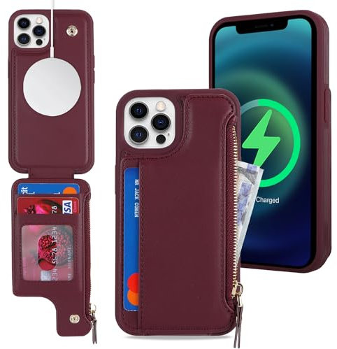 SailorTech iPhone 12/12 Pro Etui mit Kartenhalter, iPhone 12/12 Pro Hülle mit Reißverschluss Kartenfach Geldbörse für iPhone 12/12 Pro Handyhülle Lederhülle - Burgunderrot