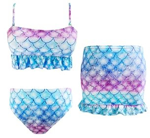 PAEHUIMT Badeanzug Mädchen, Schwimmshirt Kinder 4-12 Jahr，Bikini 3Pcs, Badebekleidung，Verstellbare Schultergurte Bademode (7-8 Jahre, Rosa&blau)