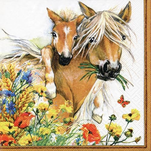Servietten Papier 33x33cm 3-lagig 20 Stück - Tischdeko nachhaltig - Einweg Hochzeitsservietten - Papierservietten für Hochzeit Gastronomie Alltag - Pferde Blumen Wiese Kindergeburtstag