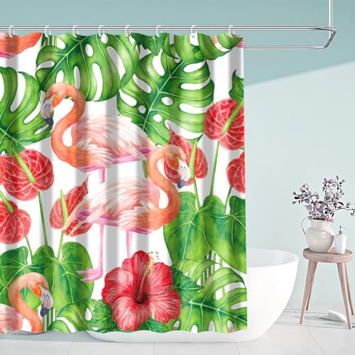 Aitsite Duschvorhang Duschvorhänge Anti-Schimmel Duschvorhang für Badewanne Textil-Vorhang Badezimmer Flamingos Waschbar Wasserabweisend mit 12 Duschvorhangringen (180 * 180 cm)