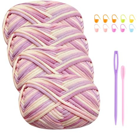 Häkelgarn Baumwolle Häkelwolle Chenille Wolle zum Häkeln 4 X 50g Häkelwolle,Crochet Yarn Dickes Baumwoll-Nylon-Mischgarn Häkelgarn für Anfänger Rosa Garn