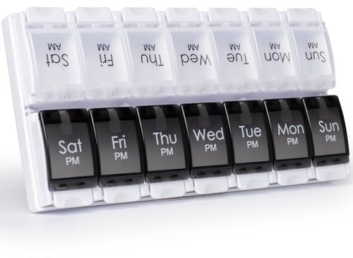 CSTDE Weekly Pill Box Organiser, Large Pill Organiser 2 Times a Day, Travel Tablet Medication Box with Push Button Design for Vitamin, Fish Oil, Supplements