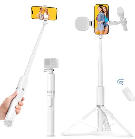 ATUMTEK 179cm Trípode Palo Selfie, Selfie Stick con Remoto para iPhone, Teléfonos Android y Cámaras de Acción, Soporte de Trípode para Teléfono de Aluminio con 2 Zapata Fría para Luz y Mic, Blanco