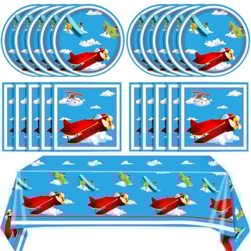 41 PCS Airplane Birthday Party Supplies Airplane Themed Disposable Tableware Party Decor Plane Party Plates Napkins Tablecloth Kit for Baby Shower Boys Girls Birthday Serve 20