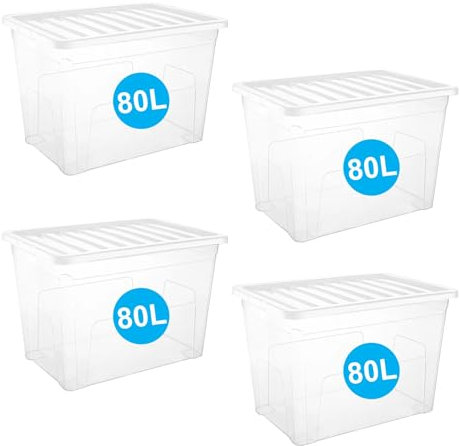 RelianceUK 80L Storage Boxes with Lids (Pack of 4) - Strong Stackable Boxes with Clear Lids 80 Litres - Home, Office, Kitchen, Nestable Storage Containers | Made in UK Large Plastic Box with Lid