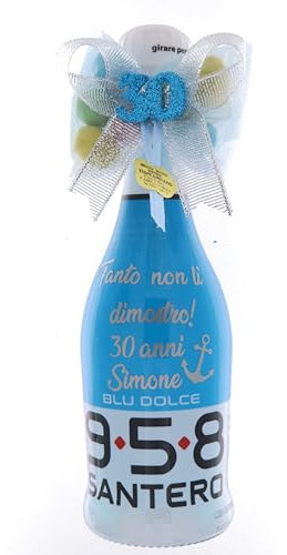 KIT 3 BOTTIGLIE - Bottiglia personalizzata Spumante SANTERO BABY MINI PICCOLA - con scritta ed emoticon personalizzabili, Fiocco con sacchetto a forma di caramella contenente confetti colorati