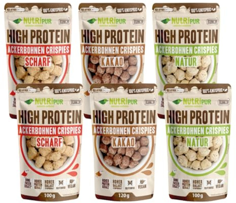 NutriPur High Protein Ackerbohnen Crispies 6er-Set – 3 Sorten: Natur, Kakao & Scharf, bis zu 29% pflanzliches Eiweiß, Vegan & Glutenfrei, Protein Snack & Knusper-Topping