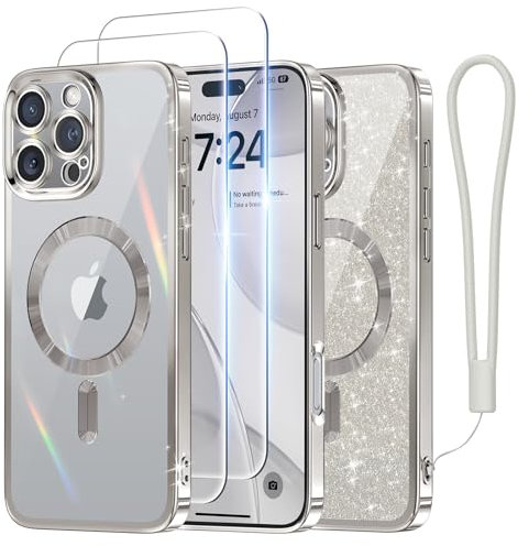 Meifigno Hülle Entwickelt für iPhone 16 Pro Max, [Kompatibel mit MagSafe][2 Displayschutzfolien] [Glitzerkarte & Handschlaufe] Vollständiger Kameraschutz Entwickelt für 6.9 zoll Handyhülle, Silbergrau