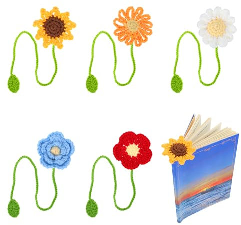 Prasacco 5 Stück Gestrickte Lesezeichen, 2-in-1 Leselesezeichen und Vorhang Raffhalter Handgestricktes Sonnenblumen Lesezeichen 5 Stile Gestrickte Blumen Lesezeichen für Buchliebhaber und Vorhang
