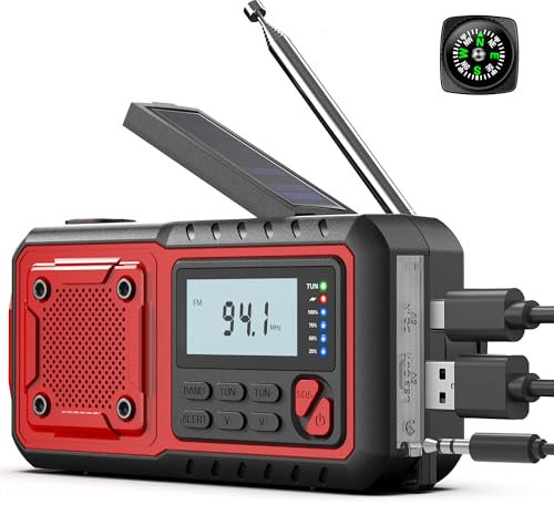 Radio de emergencia de manivela, meteorológica, solar, con pilas, NOAA/AM/FM, cargador de teléfono, alarma SOS