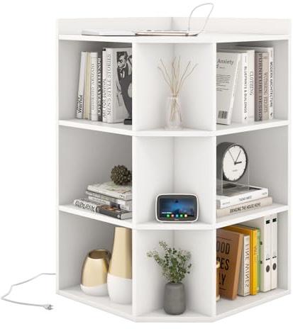 GIANTEX Libreria Angolare Triangolare con 3 Ripiani e 9 Vani Aperti, Presa di Ricarica Integrata, 51 x 71,5 x 86 cm, per Soggiorno e Studio (Bianco)