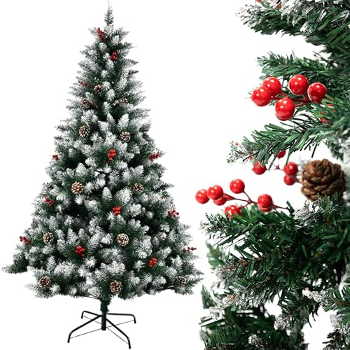 Carnavalife Arbol de Navidad Plegable con Decoracion Piña Frutos Rojos y Nieve, Arbol Navidad Artificial Robusto con Pie Metal Fácil Montaje para Exterior e Interior (Arbol con Fruto, 150CM)