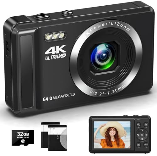 4K 64MP Digitalkamera mit 32 GB Speicherkarte Autofokus-Kompaktkamera mit 16-fachem Digitalzoom, wiederaufladbare 2 1200mAh Batterien 2,4-Zoll-Mini-Kinderkamera für Anfänger