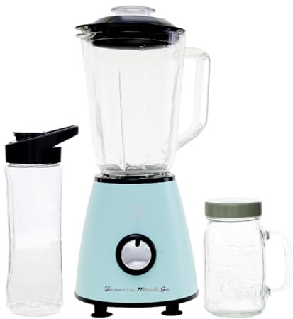 Juanita Mix & Go Standmixer, 800 W, Glaskanne 1 l, Flasche 600 ml zum Mixen und Mitnehmen, Vintage-Geschenkkrug, Turbo, Retro-Stil, himmelblau, leicht zu reinigen