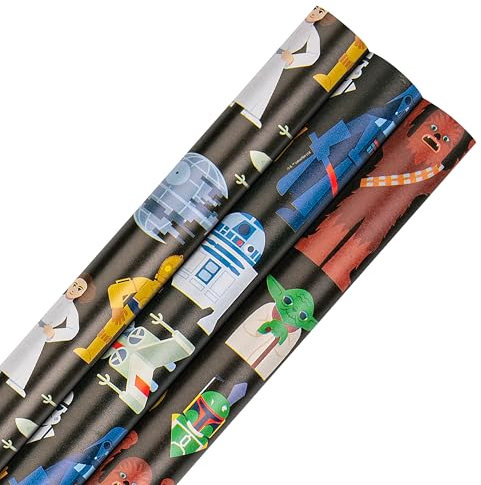 Hallmark Lot de 3 rouleaux de papier cadeau Star Wars - 2 m chacun - Pour anniversaire, Noël - Noir