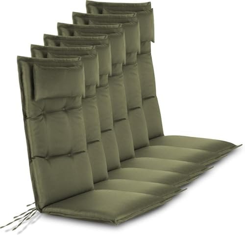 normani 6er-Set Stuhlauflagen Sitzpolster Hochlehner mit Kissen 120x50 cm aus wasserdichtem und pflegeleichtem Outdoor Material - Gartenstuhlauflagen gepolstert für Draußen und Drinnen Farbe Oliv