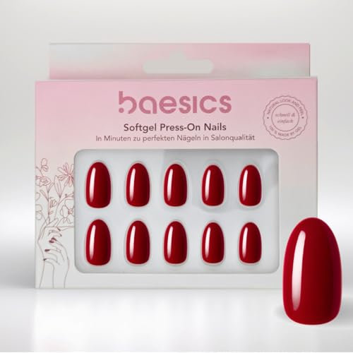 Baesics Softgel Press-On Nails Weinrot Oval – 30er Nagelset für Zuhause, Wiederverwendbar, Natürliche Optik, Flexibel, künstliche Nägel zum Aufkleben ink. Klebepads, Salonqualität für Anfänger