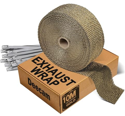 Cinta Termica Escape,Dorado Cinta Anticalorica para Escapes en Fibra de Basalto 10M con 10 Bridas Metalicas,Deecam Para Tubo de Escape Coche