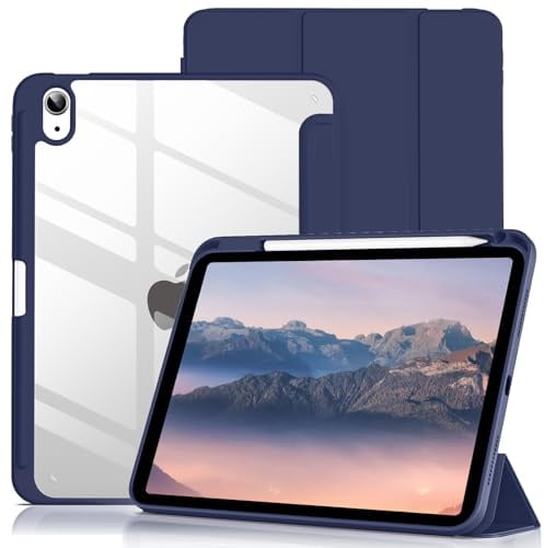 Lsmmpoba Case for iPad (A16) 11th Generation 11 Inch 2025, iPad 10th Generation 10.9 Inch 2022 with Pencil Holder, Clear Transparent Back Shell Shockproof Cover, Navy Blue