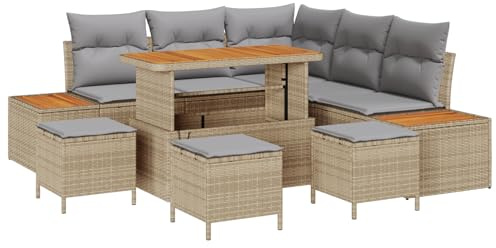 vidaXL 9-teiliges Garten-Sofa-Set mit Kissen in Beige aus Poly-Rattan. Modular und anpassbar, für bis zu 5 Personen. Perfekt für Terrasse und Patio. Elegant und entspannend, wetterfest.