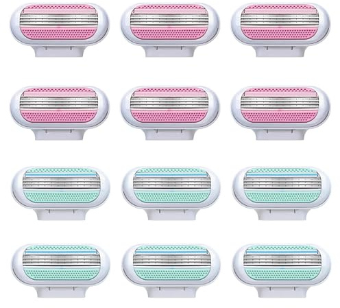 12 Pezzi Lamette Ricambio Compatibili con Venus, Ricariche Rasoio Donna 3 Lame, con Striscia Lubrificante, Rasatura Delicata Profonda, Testine Intercambiabili per Manici Standard, Lavabili, Blu e Rosa