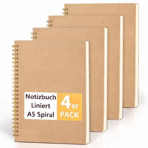 JSQJ Anteckningsbok A5 Linjerad, 4-pack, 160 sidor spiralbunden anteckningsblock för skola, universitet och kontor