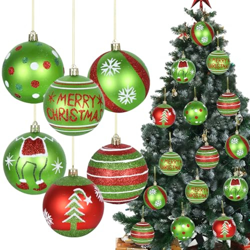 12PCS Glittering Red Green Christmas Baubles 80mm Large Xmas Ball Ornaments for Christmas Tree Decorations Shatterproof Elf Balls Grinch Hanging Pendants Glitter Ball for Xmas Holiday Party Decor