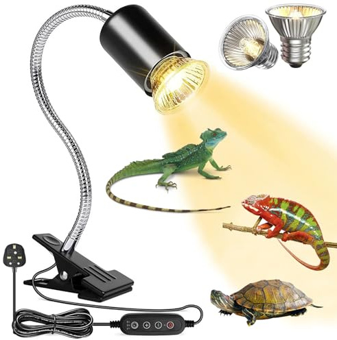 FungLam Reptiles Heat Lamp with Timer, 360° Rotatable UVA UVB Tortoise Heat Lamp with Clip, Basking Light for Reptiles Lizard, Turtle, Snake, Chameleon, Frog, Chicks, E27 25W&50W 2 Bulbs Includes