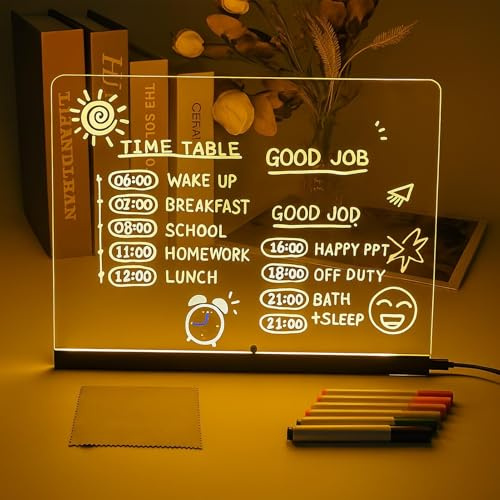 LED Notiztafel Farben Zeichentafel 20x20CM Weihnachten Transparente Acryl Maltafel mit 7 Farben Stift 6 Farben Einstellbar 4 Licht Modi Abwischbarer Reinigen für Notizblock Memo Geschenke