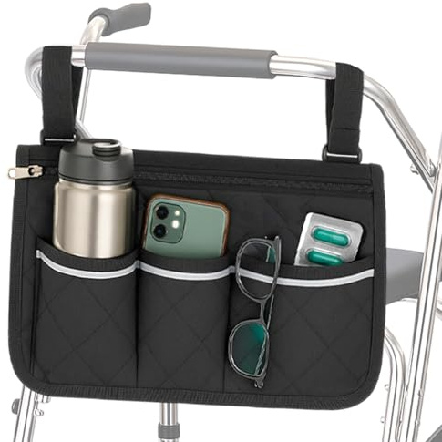 Wheelchair Side Bag Armrest Storage Pouch with Cup Holder and Reflective Straps Adjustable Hook Loop Walker Frame Bags for Most Wheelchairs Walkers Folding Rollators Seniors Mobility Aid Accessory