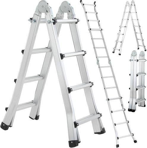 TLGREEN Alu Teleskopleiter 4x3 Stufen, 3.98M Ausziehbare Leiter, Aluminium | Multifunktionsleiter, Schiebeleiter, Mehrzweckleiter, Gelenkleiter, Klappleiter, Treppenleiter, Anlegeleiter bis 150 kg