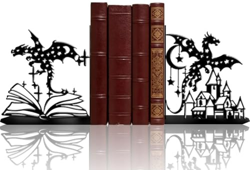 PRESSINART 2 Pcs 2 Styles Serre Livres Dragon Metal Noir Motif Fantaisie Design Decoratif Lourd pour Etageres Bureau Maison Organisation Table Style 7.48 x 6.3 x 1.18 inch