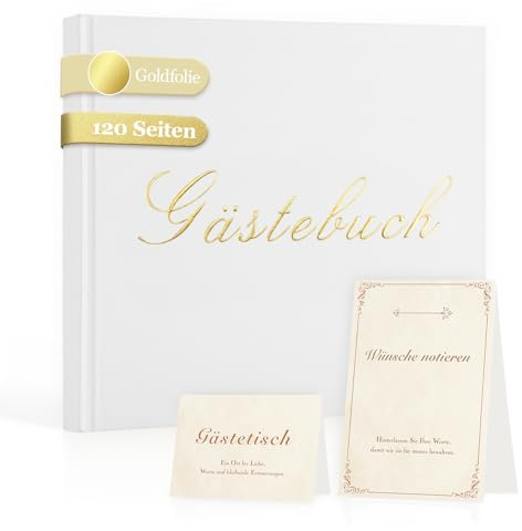 Foliom Gästebuch Hochzeit Set, Weißes Hardcover, Goldfolie, 120 Seiten