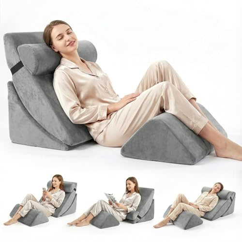 ExKeen 4-teiliges Keilkissen-Set aus Memory-Schaumstoff, Höhenverstellbare Schlaf- und Lesekissen für Sofa und Bett, Waschbare Bezüge in Grau