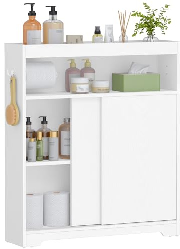 Hzuaneri Badezimmerschrank, Nischenschrank, Schiebetür, verstell. Ablagen | Platzsparende Badschrank mit Toilettenpapierhalter und Haken, für Das Badezimmer, 20 x 80 x 90 cm, Weiß BC63813X