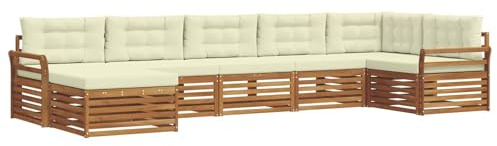 vidaXL Sofagarnituren 7 pcs Natur und Creme Massivholz Akazie, Gartenlounge, langlebiges Ecksofa, Sitzmöbel für außen, Terrasse, Moderne Möbel, Bequeme Gartenmöbel