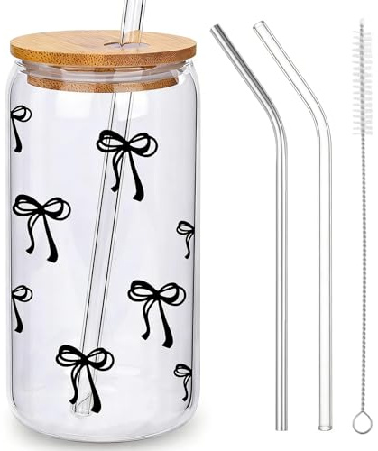OuryTech Trinkglas mit Strohhalm und Deckel, Black Bow Glasbecher mit Deckel und Strohhalm, Iced Coffee und Matcha Tumbler, Geburtstagsgeschenk für Frauen, Clean Girl Stuff, 16 Oz